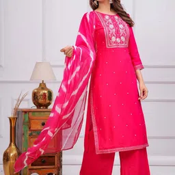 Meeranshi Women Ethnic Motifs Embroidered Regular Thread Work Kurta with Palazzos & With Dupatta image 3