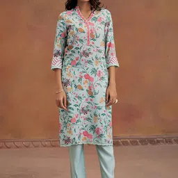 Jaipur Kurti Floral Printed Mandarin Collar Thread Work Straight Kurta With Trousers-picture-55