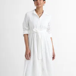 YUVAKAA Women Cotton Shirt Collar Floral Cuffed Sleeves A-Line Dress-picture-44