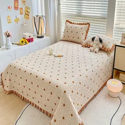 JC HOME White and Brown 162TC Double Queen Quilted Bed Cover With Pillow Covers-image-0