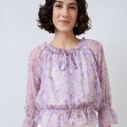 SZN Floral Tie-Up Neck Bell Sleeve Blouson Top-image-30