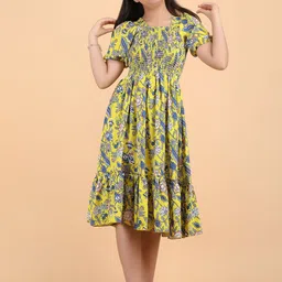 STARWORD Girls Floral Print Smoked Puff Sleeve Crepe Fit & Flare Midi Dress-image-90