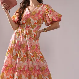 Vero Moda Women Floral Printed V-Neck Puff Sleeve Fit & Flare Midi Dress-image-64