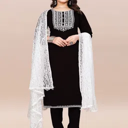 PATDOM Floral Embroidered Round Neck Thread Work Straight Kurta With Trousers & Dupatta-image-80