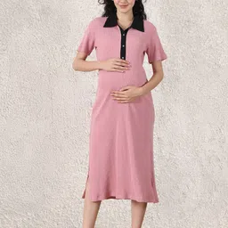 Secret Wish Shirt Collar Maternity Cotton Bodycon Midi Dress-image-46