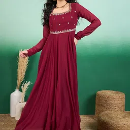 Sangria Women Embroidered Flared Maxi Ethnic Dresses-18