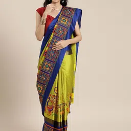 Mitera Yellow & Navy Blue Silk Cotton Embroidered Saree-picture-18