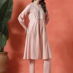 Nayam By Lakshita Women Floral Yoke Design Pleated Thread Work Linen Kurta with Palazzos-picture-47
