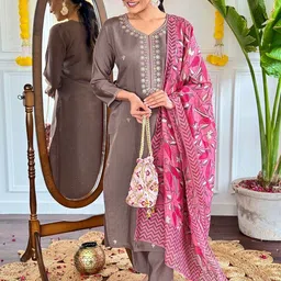 KAUTIK FABRICS Floral Embroidered V-Neck Chanderi Silk Kurta With Trousers And Dupatta-image-86