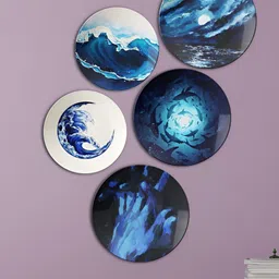 THE QUIRKY HOME 5-Pcs Blue & White Ocean & Night Sky Ceramic WallPlates-image-59