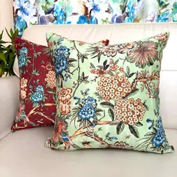 TARA- Sparkling Homes Red & Green Set of 2 Floral Satin Square Cushion Covers-18