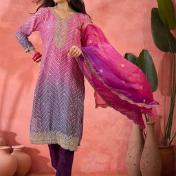 MANVAA Women Bandhani Embroidered Regular Sequinned Kurta with Trousers & With Dupatta-image-65