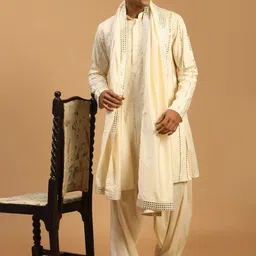 SHRESTHA BY VASTRAMAY Men Cream-Coloured Mirror Work Kurta with Patiala & Dupatta-picture-7
