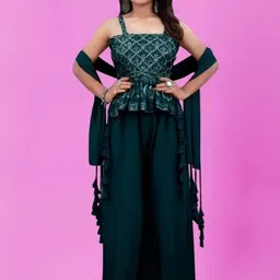 PARROT CREATION Women Embroidered Regular Sequinned Kurti with Sharara & With Dupatta-image-71