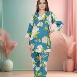 NEYSA Floral Printed Notch Neck Pure Cotton Tunic With Trouser-image-47