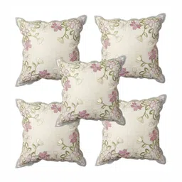 MONKDECOR Pink & Green Set of 5 Floral Embroidered Square Cushion Covers-11