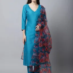 Piyuti V-Neck Gotta Patti Straight Kurta With Trousers & Dupatta-image-4