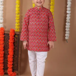 Here&Now X Kinder Kids Boys Floral Printed Regular Pure Cotton Kurta with Pyjamas-12