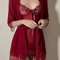 LULU & SKY Lace-Trimmed Free Size Baby Doll With Robe & Thong Briefs-image-88
