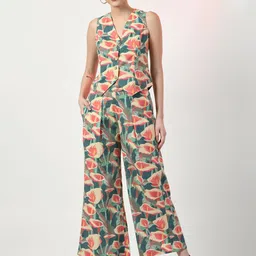 SEEDS OF FUSION Pure Cotton WaistCoat Top With Palazzos Co-Ords-image-1