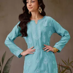 ADA Ethnic Motifs Embroidered Chikankari Chanderi Silk Chikankari Kurti-image-91