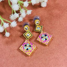 Dhivara Gold-Plated Artificial Stones Studded Geometric Shaped Drop Earrings-image-66