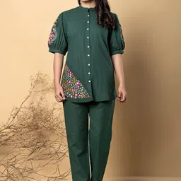 Readiprint Fashions Floral Embroidered Mandarin Collar Top With Trousers-image-42