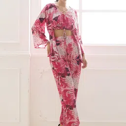 Ragavi Printed V-Neck Shrug With Top & Trouser image 4