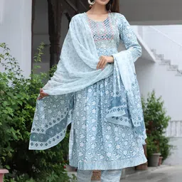 ARANGETRAM Floral Printed Mirror Work A-Line Kurta With Salwar & Dupatta image 1