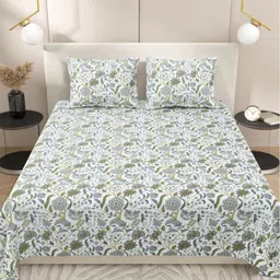 DREAM WEAVERZ White Green & Grey Floral Printed 220 TC King Bedsheet Set 275 CM X 255 CM-image-80