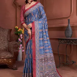 KALINI Ajrak Block Block Print Saree With Contrast Blouse Piece image 4