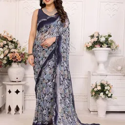 The Textile Hub Floral Mirror Work Pure Georgette Saree-image-18
