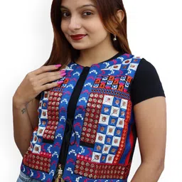 Prijam Women Collarless Self Design Ethnic Denim Jacket-image-49