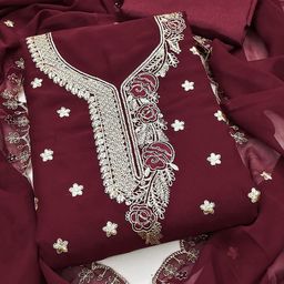 HERE&NOW Floral Embroidered Thread Work Silk Georgette Unstitched Dress Material-image-85