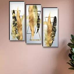 SAF White & Gold-Toned 3 Pieces Abstract Synthetic Wood Wall Paintings-11
