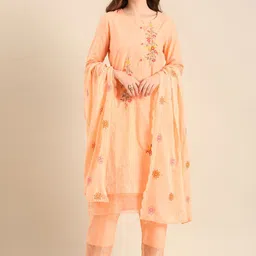 Anouk Floral Embroidered Round Neck Pure Cotton Straight Kurta With Trouser And Dupatta-picture-4