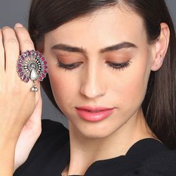 SOHI Pink Silver-Plated Artificial Stones Studded Textured Adjustable Finger Ring-56