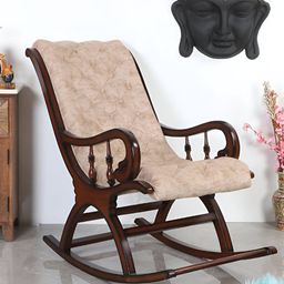 DZYN Furnitures Brown & Beige Upholstered Wood Rocking Chair-image-9