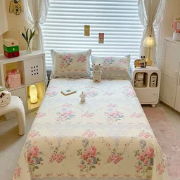 JC HOME Cream & Pink Floral Printed Pure Cotton 220 TC Single Bedsheet Set 1.6 m x 2.30 m-31