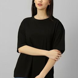 Parona Women Solid Round Neck Cotton Oversized T-shirt-image-96