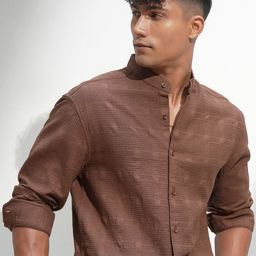 HIGHLANDER Men Comfort Relaxed Fit Textured Mandarin Collar Cotton Casual Shirt-image-87