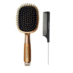 MAJESTIQUE Set of Paddle Hair Brush - Gold & Detangle Tail Comb - Black-30