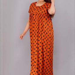 AAKARSHANA Orange Pure Cotton Maxi Printed Nightdress-image-70