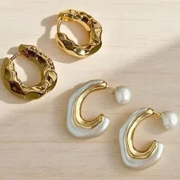 Krelin Set Of 2 Gold-Plated Pearls Beaded Semi Circular Shaped Half Hoop Earrings-picture-7