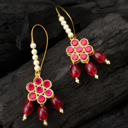 aadita Gold Plated Kundan Studded & Pearls Beaded Floral Shaped Drop Earrings-picture-4