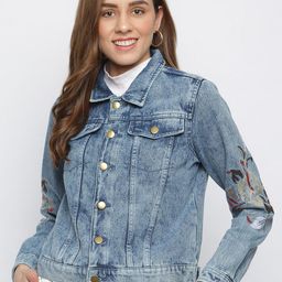 TALES & STORIES Women Blue Washed Lightweight Crop Denim Jacket with Embroidered-picture-39