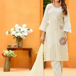 CHHAAP Floral Embroidered Sequinned Pure Cotton Straight Kurta With Trousers & Dupatta-picture-4