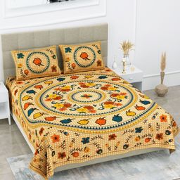 Myntra Elegant Homes Brown & Yellow Floral 144 TC Queen Bedsheet with 2 Pillow Covers-image-100