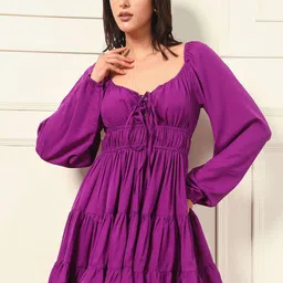 VANGULL Women Tie-Up Neck Puff Sleeve Crepe Fit & Flare Dress-picture-29