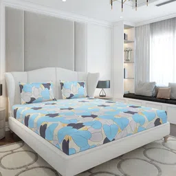 Monte Carlo Blue & Grey Floral 120 TC Queen Bedsheet with 2 Pillow Covers-2.30 m x 2.50 m-image-42